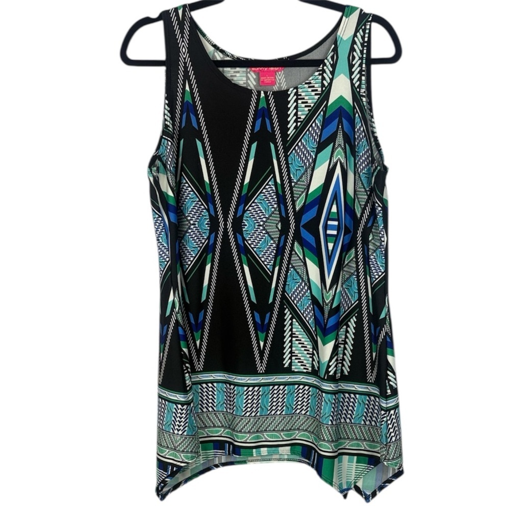 Sunny Leigh Casual Geometric Pattern Blue Black Green Large Tank Top Blouse